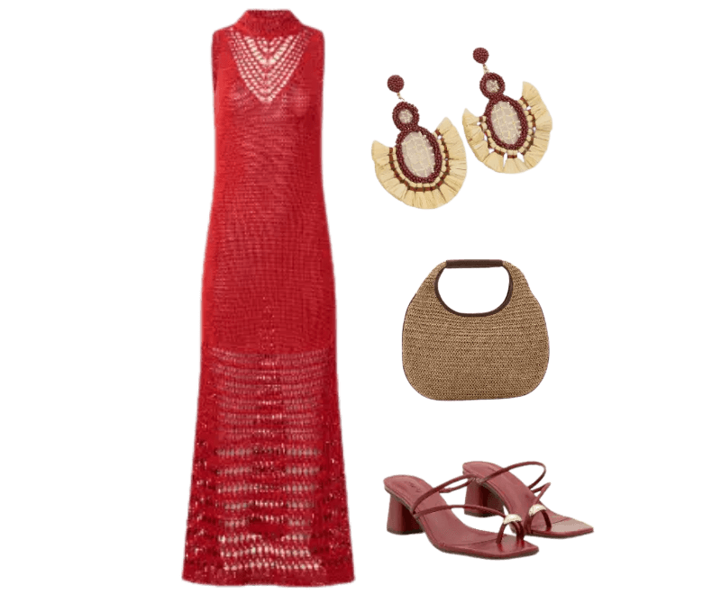 vestido vermelho crochê, sandálias vinho, bolsa palha natural, brincos palha e resina
