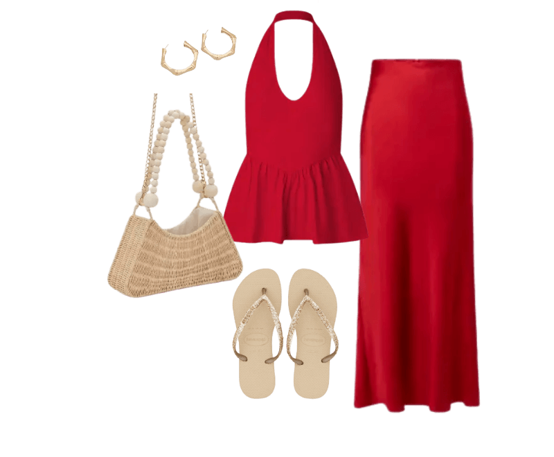 top vermelho peplum, saia midi vermelha, brincos dourados, bolsa de palha, sandálias nude