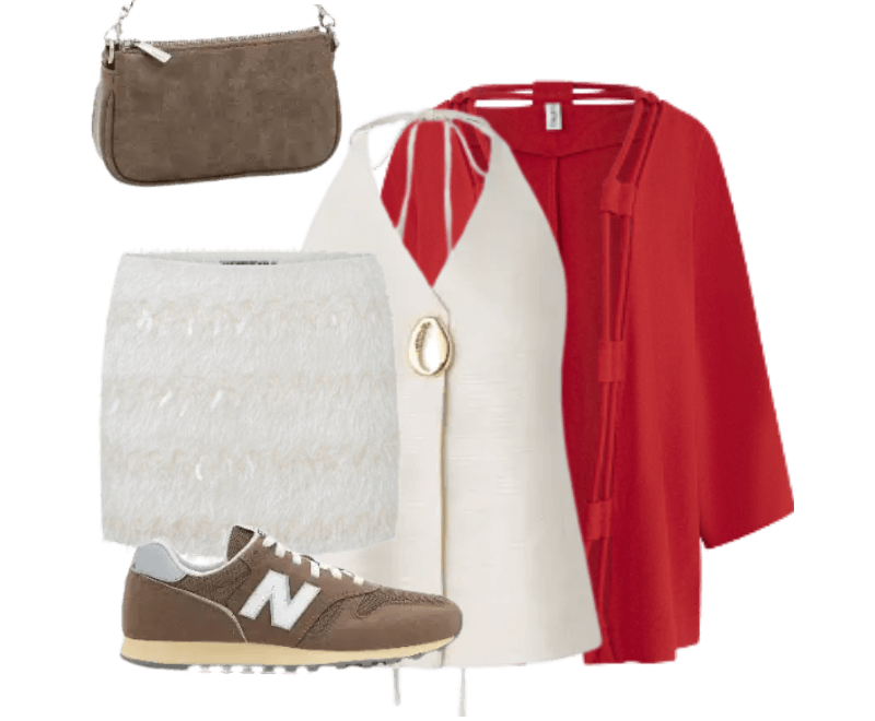 capa vermelha, vestido branco, tênis marrom, bolsa caramelo