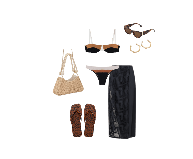 biquíni marrom e preto, saia preta semitransparente, sandálias estampadas, bolsa de palha, óculos escuros, brincos dourados.