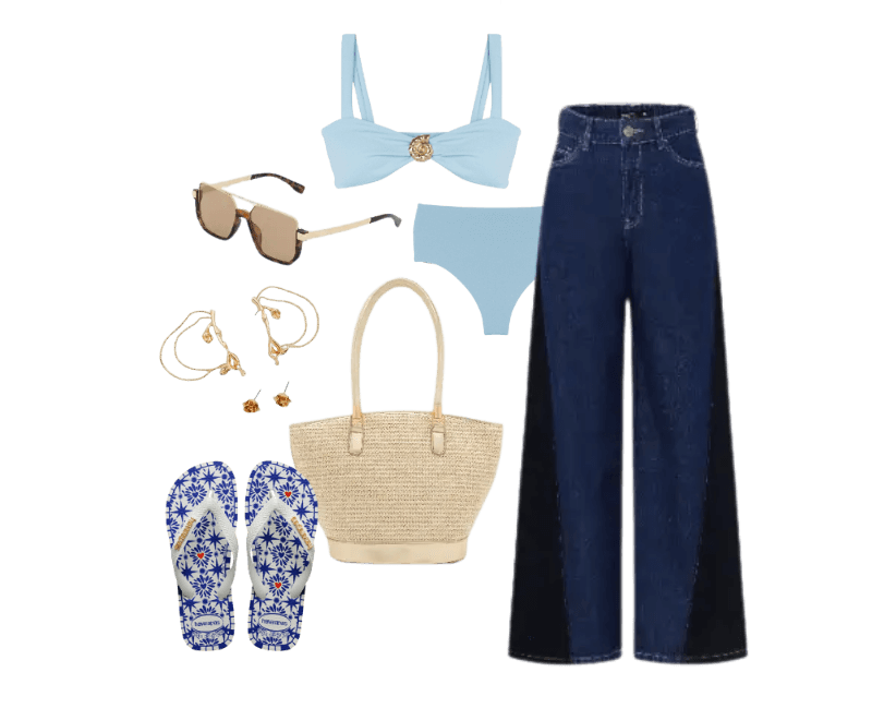 biquíni azul claro, calça jeans azul, óculos de sol, brincos dourados, colares dourados, bolsa de palha, chinelo estampado azul e branco