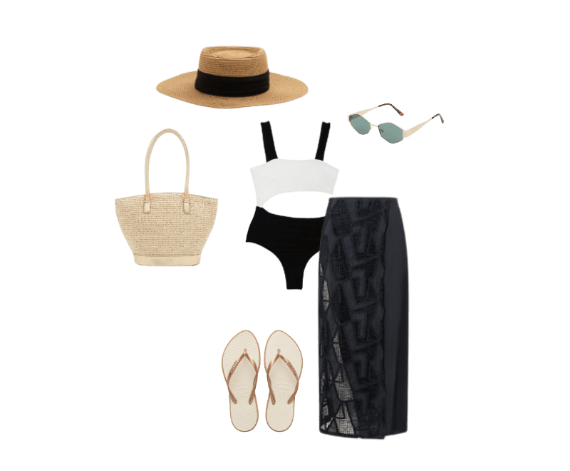 body preto e branco, saia preta rendada, chapéu de palha, óculos de sol, bolsa de palha, chinelos bege.