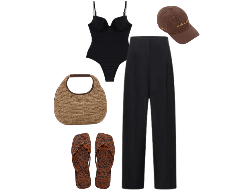 body preto, calça preta, sandálias estampadas, bolsa palha, boné marrom