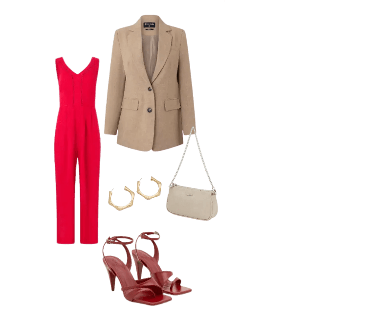 macacão vermelho, blazer bege, sandálias vermelhas, bolsa bege, brincos dourados