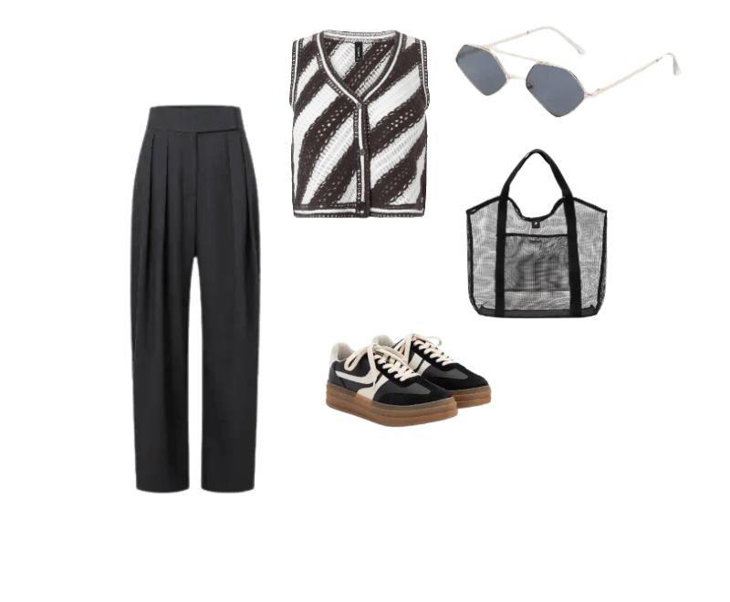 colete preto e branco, calça preta, tênis preto, bolsa transparente, óculos de sol.