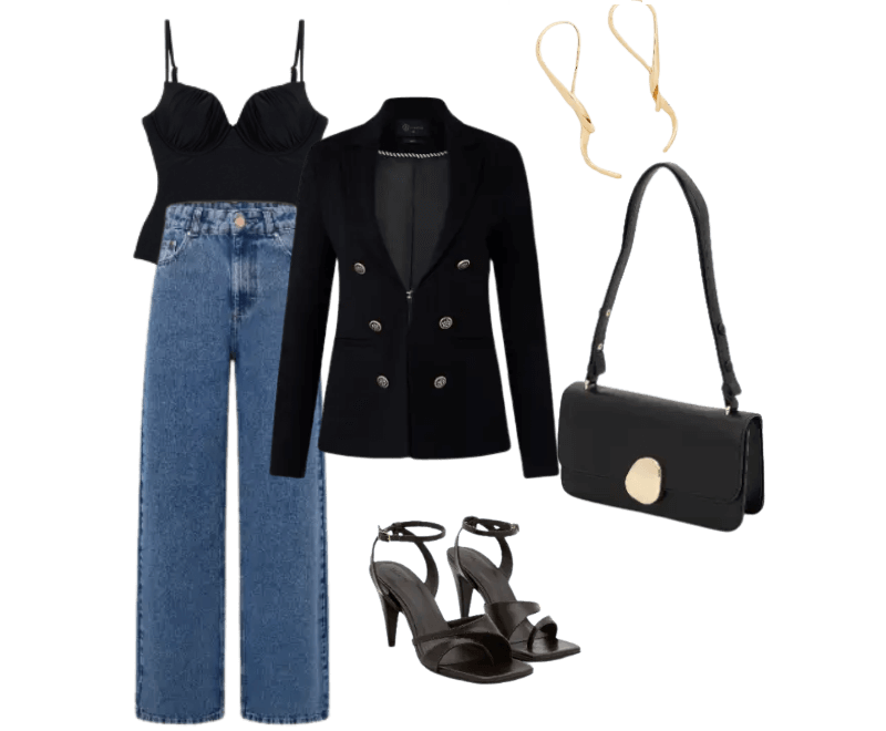 blazer preto, top preto, jeans azul, sandálias preto, bolsa preto, brincos dourados