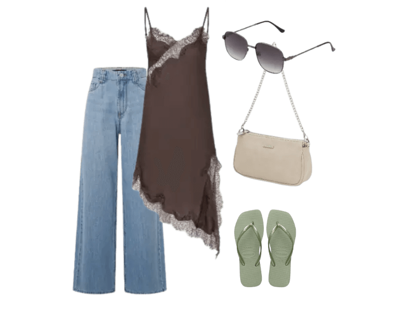 top marrom, jeans azul, sandálias verdes, bolsa bege, óculos de sol preto