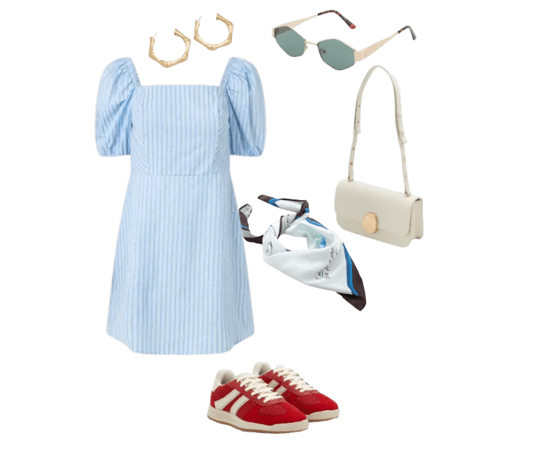 vestido azul claro listrado, brincos dourados, óculos escuros verdes, bolsa branca, lenço estampado, tênis vermelhos