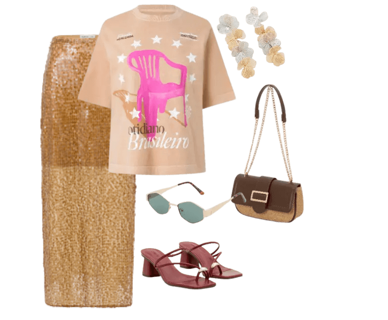 camiseta bege estampada, saia dourada de lantejoulas, sandálias vinho, óculos de sol verdes, brincos brancos, bolsa marrom.