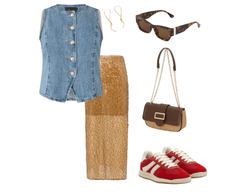 colete jeans, saia dourada de paetês, tênis vermelho, óculos tartaruga, bolsa marrom, brincos dourados
