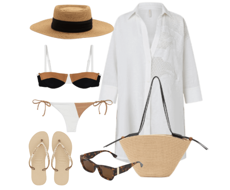 vestido branco oversized, biquíni preto e marrom, sandálias bege, bolsa de palha, chapéu de palha, óculos de sol tartaruga.
