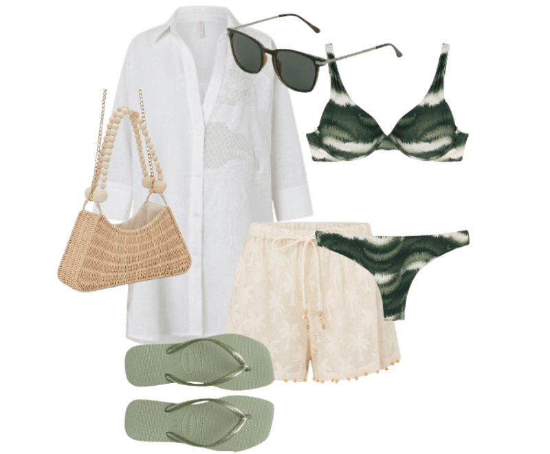 camisa branca oversized, biquíni verde tie-dye, shorts bege linho, bolsa palha, óculos sol pretos, chinelos verdes.