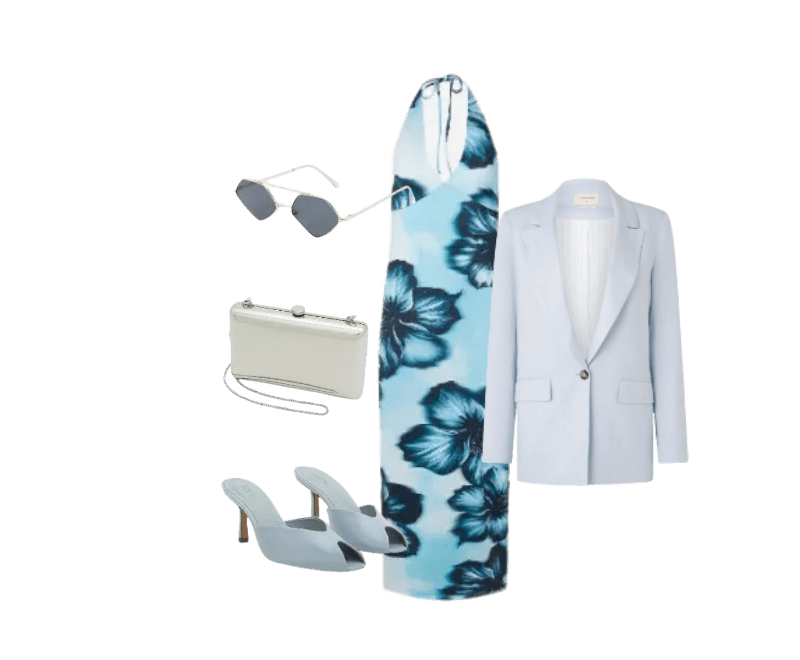 vestido azul floral, blazer azul claro, sapatos mule azuis, bolsa clutch branca, óculos de sol preto