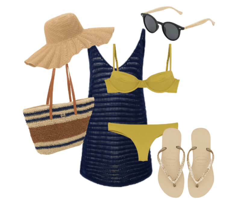 vestido azul crochê, biquíni amarelo, chapéu palha, bolsa palha listrada, óculos sol preto, chinelo bege.