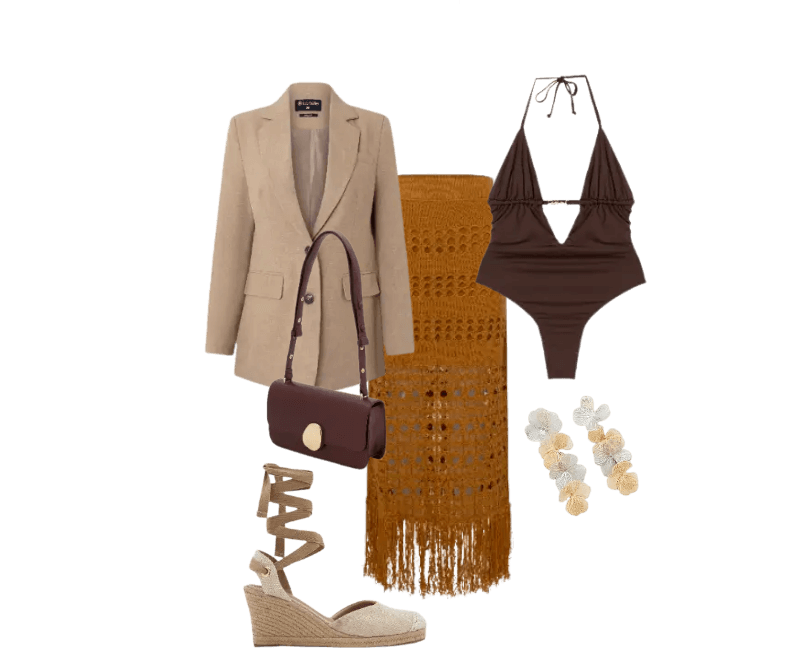 blazer bege, maiô marrom, saia de crochê laranja, sandálias espadrille bege, bolsa transversal marrom, brincos de flor.