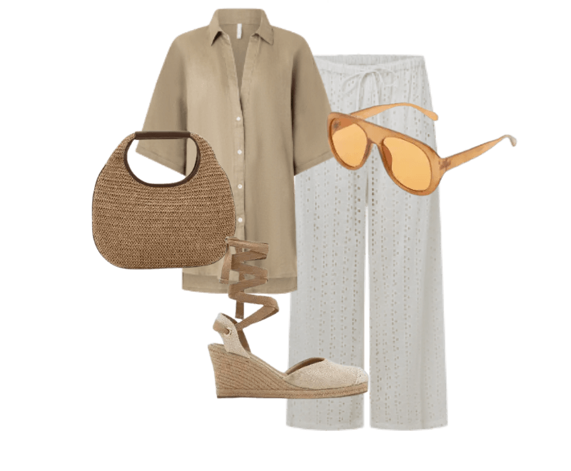 camisa bege linho, calça branca fluida, óculos âmbar, bolsa palha arredondada, sandálias platform bege