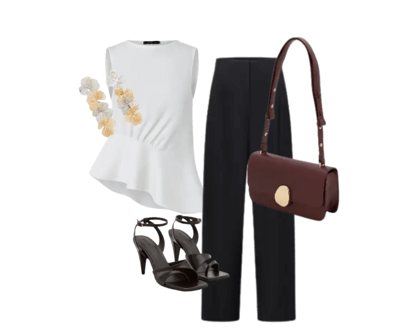 blusa branca assimétrica, calça preta alfaiataria, sandália preta salto, bolsa vinho, acessórios florais.