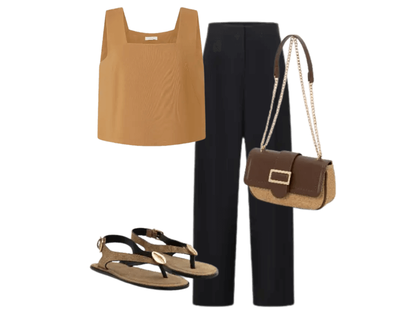 regata caramelo, calça preta, sandália preta, bolsa tiracolo marrom