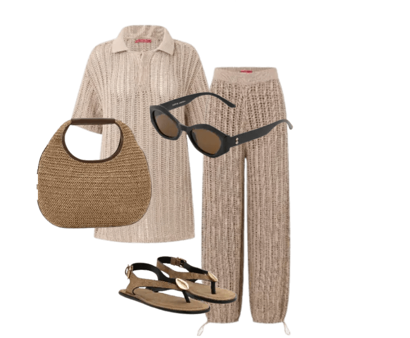 blusa bege tricô, calça bege tricô, bolsa palha, óculos de sol preto, sandália rasteira marrom