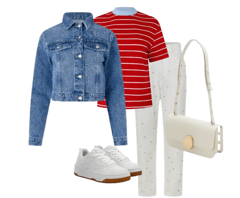 jaqueta azul jeans, camiseta vermelha listrada, calça branca estampada, tênis branco, bolsa branca