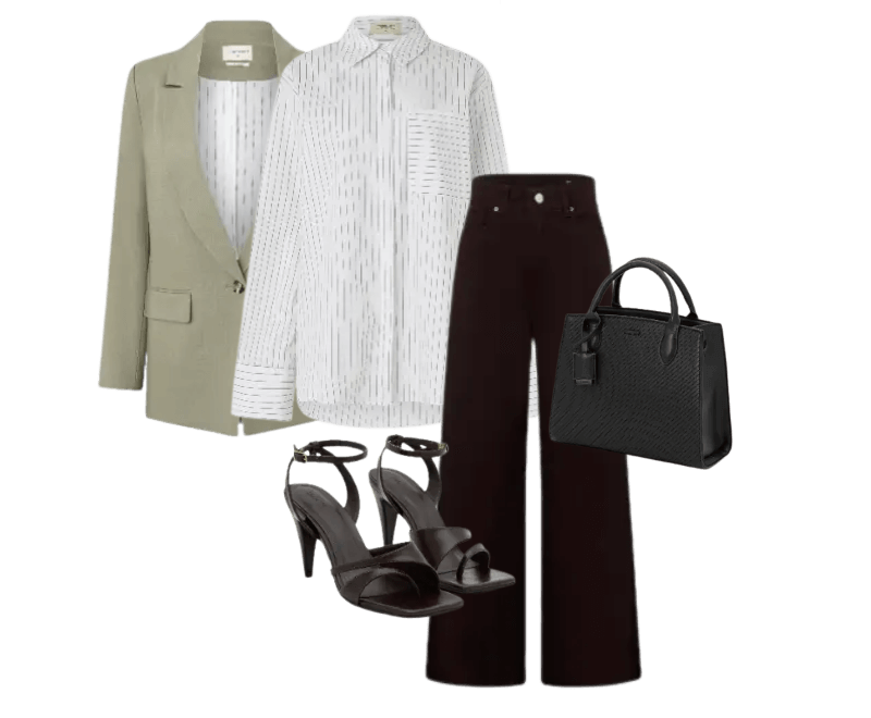 blazer verde claro, camisa branca listrada, calça preta flare, sandálias pretas salto alto, bolsa preta estruturada
