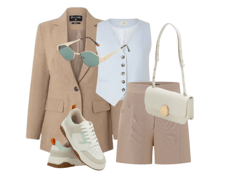 blazer bege, colete branco, shorts bege, tênis branco, óculos de sol azul, bolsa branca