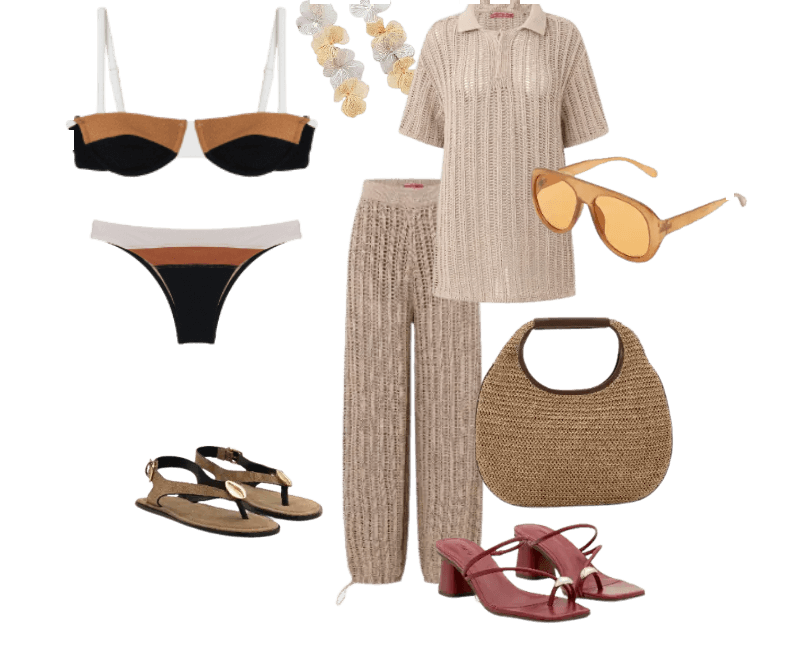 biquíni preto, top bege, calça bege, sandália preta, salto vermelho, óculos de sol laranja, bolsa de palha, colar floral.