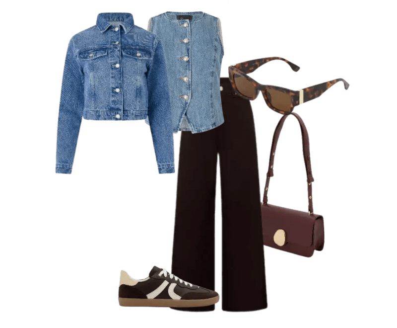 jaqueta azul jeans, colete azul jeans, calça preta alfaiataria, óculos tartaruga, bolsa marrom, tênis preto