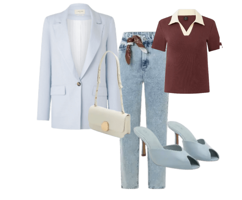 blazer azul claro, blusa vinho, jeans lavagem clara, mules azuis, bolsa creme, bandana