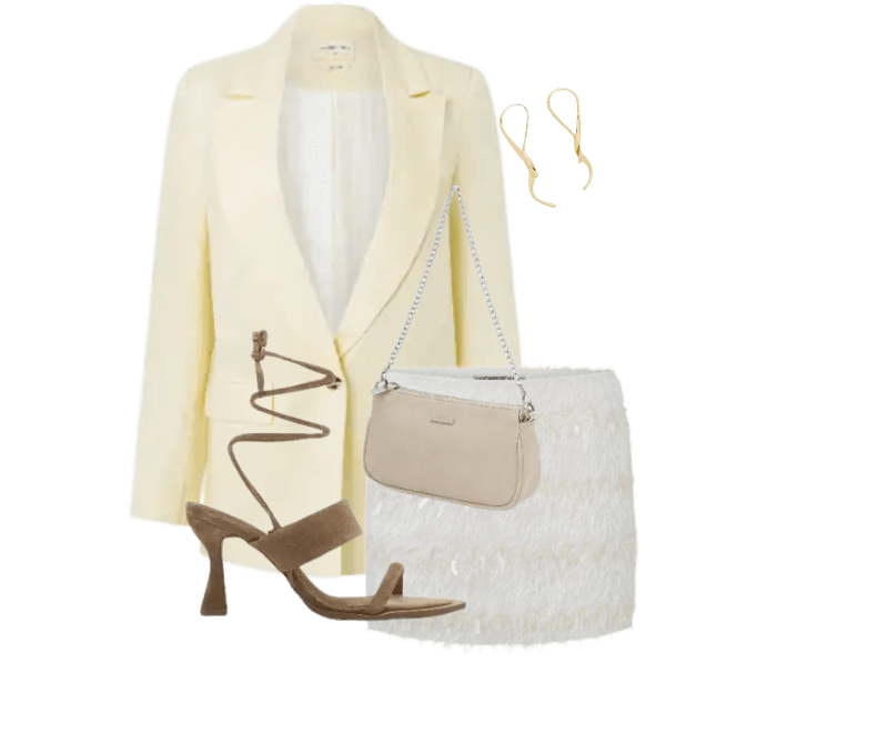 blazer amarelo pastel, saia branca texturizada, sandálias marrons de amarração, bolsa bege, brincos dourados