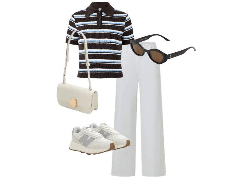 camisa polo listrada, calça branca, tênis branco, bolsa branca, óculos de sol preto