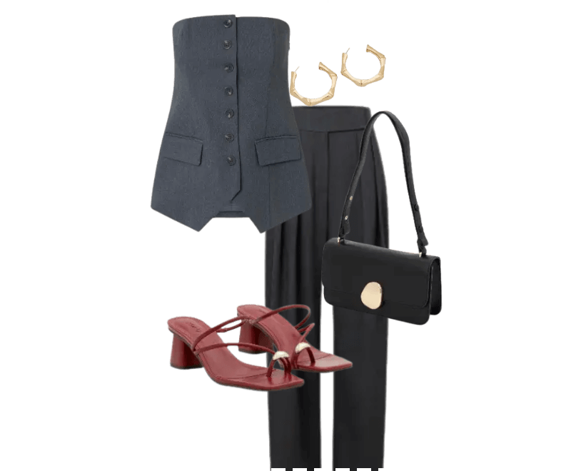 Colete cinza, calça preta, sandálias vinho, bolsa preta, brincos dourados