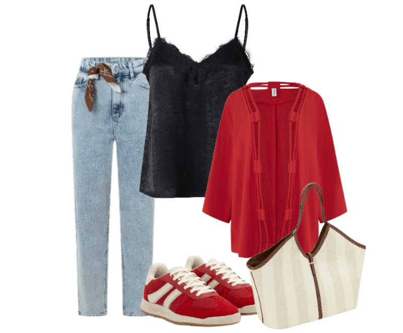 blusa preta renda, jeans azul claro, cardigan vermelho, sneakers vermelho e branco, bolsa listrada, lenço marrrom