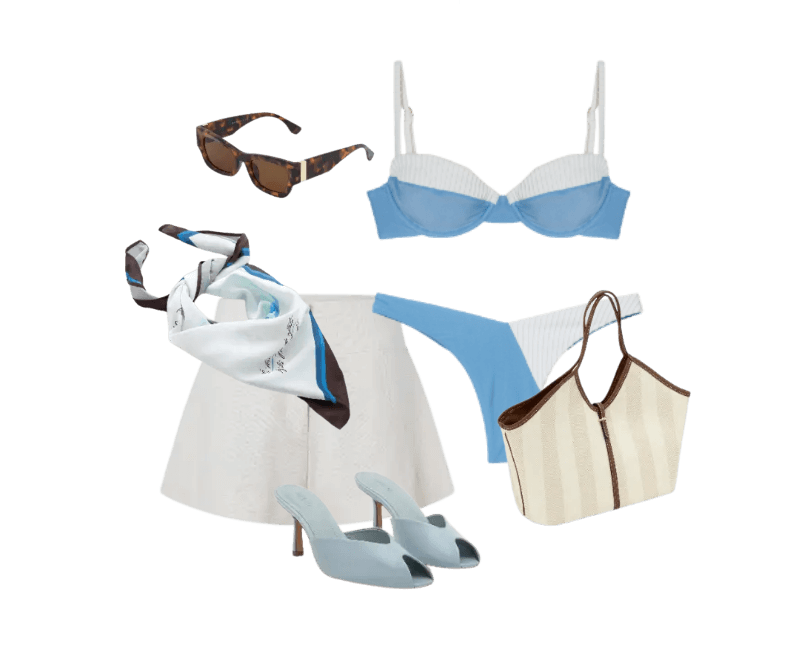 óculos tartaruga, lenço multicolorido, top azul biquíni, saia branca, calcinha azul biquíni, bolsa palha, mules azul claro