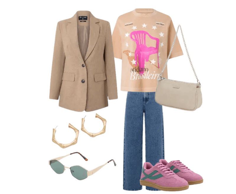 blazer bege, camiseta rosa, calça jeans azul, tênis rosa, bolsa creme, óculos de sol, brincos dourados.