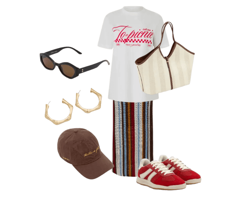 camiseta branca, saia multicolorida, tênis vermelho, bolsa branca, óculos escuros, brincos dourados, boné marrom