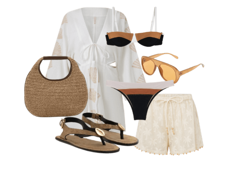 túnica branca, biquíni preto e marrom, shorts bege, sandálias em couro bege, bolsa de palha, óculos de sol.