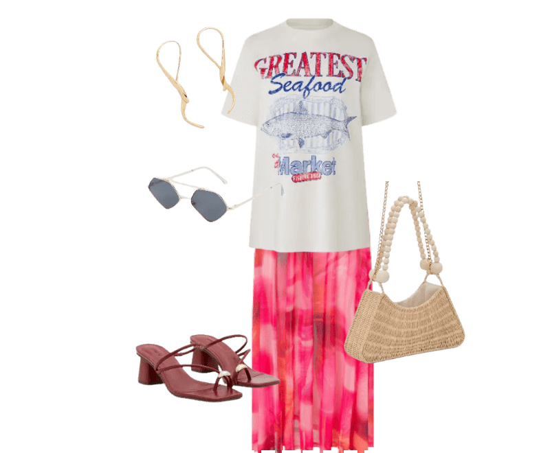 camiseta branca estampada, calça rosa pantalona, sandália bordô, bolsa de palha, óculos de sol pretos, brincos dourados.