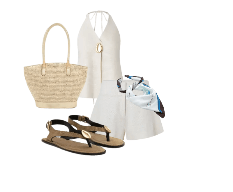top branco com argola, shorts branco, sandália preta de tiras, bolsa de palha, lenço estampado.
