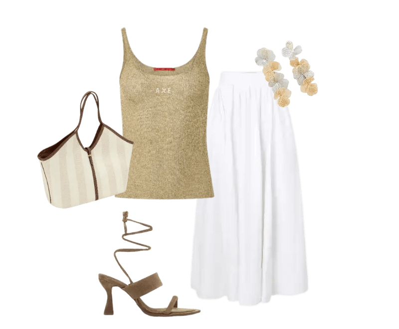 blusa dourada, saia branca longa, sandálias bege, bolsa listrada bege, brincos de flores.