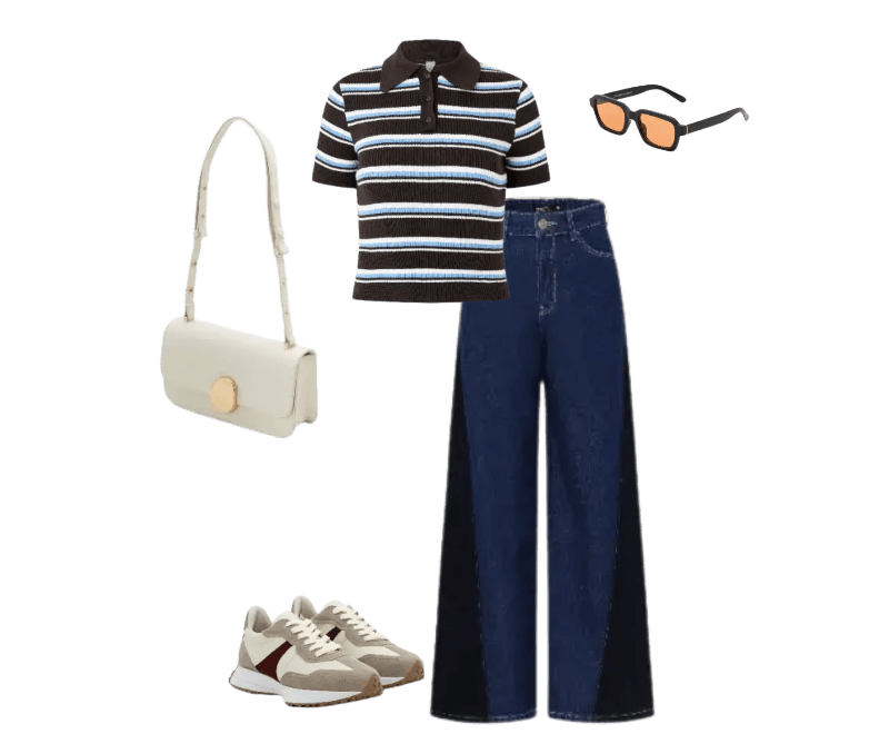 polo listrado marrom e azul, calça jeans wide leg, tênis off-white com detalhes marsala, bolsa bege, óculos pretos