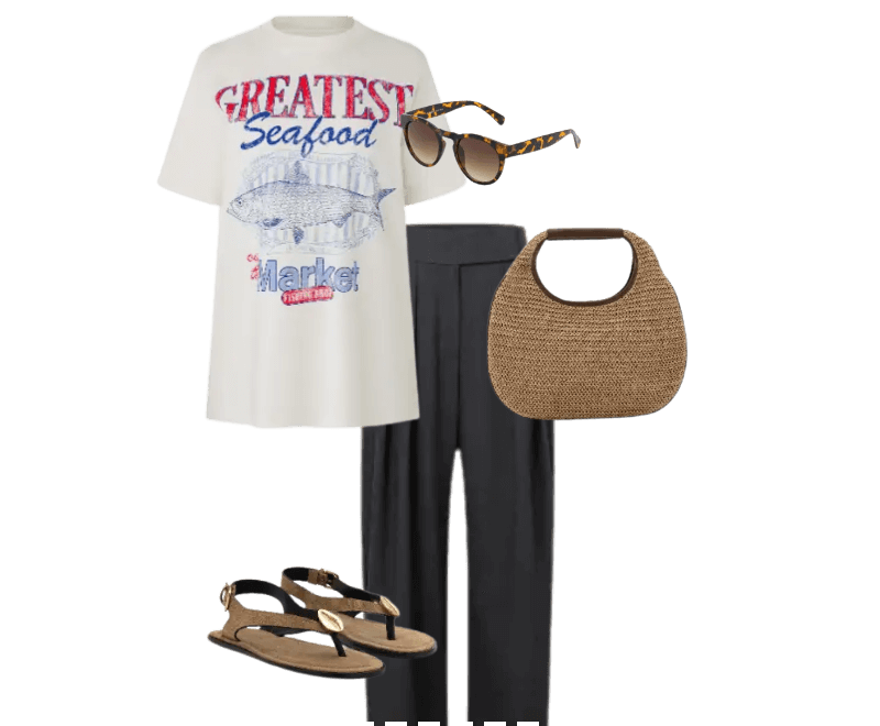 camiseta branca estampada, calça preta alfaiataria, sandálias pretas, bolsa de palha, óculos de sol tartaruga