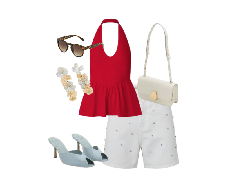 top vermelho alça, short branco bordado, sandália mule azul, bolsa ombro branca, óculos sol tartaruga, brincos floridos.