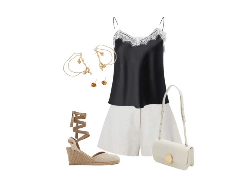 top preto de renda, short branco, sandália bege plataforma, bolsa branca transversal, acessórios dourados