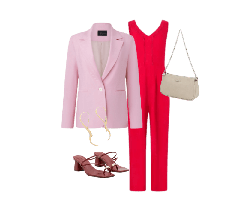 blazer rosa, macacão vermelho, sandália vinho, bolsa creme, brincos dourados