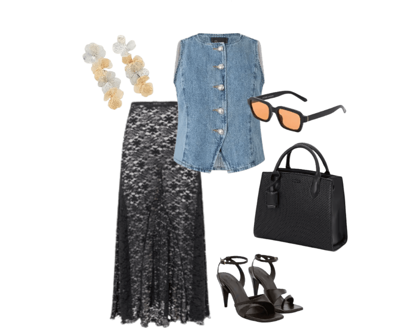 colete azul jeans, saia longa preta, sandálias pretas, óculos de sol preto, bolsa preta, brincos dourados