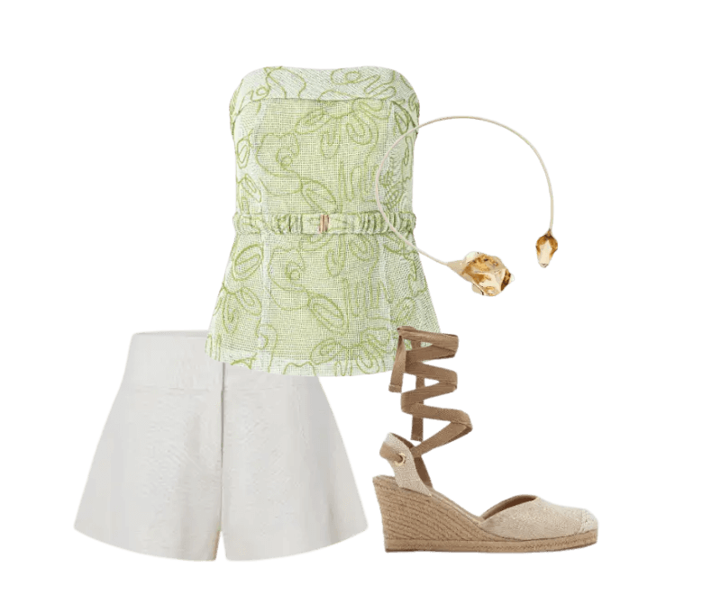 top verde estruturado, short branco tecido leve, sandália nude anabela, tiara floral.