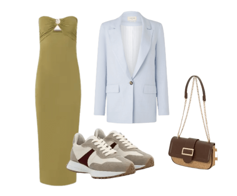vestido verde oliva, blazer azul-claro, tênis bege vinho, bolsa marrom