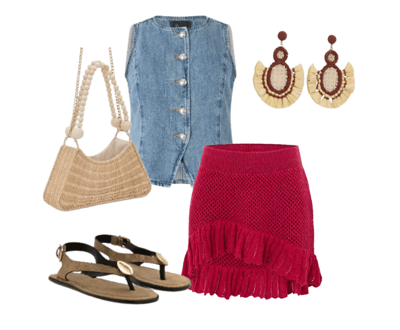 blusa jeans azul, saia vermelha tricô, sandálias marrons, bolsa palha trançada, brincos grandes palha