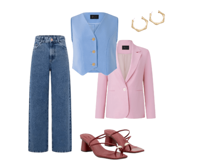 colete azul claro, blazer rosa pastel, calça jeans, brincos dourados, sandália vinho